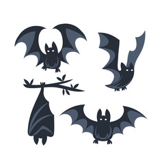 Four different cartoon bats with big eyes flapping their wings and hanging from a branch.