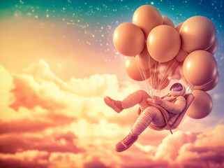 Naklejka premium A playful, colorful concept featuring an astronaut cyborg in a space suit, floating among balloons. An abstract, pastel-themed party scene.