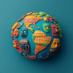 Fototapeta premium Colorful globe featuring diverse cultural masks representing world heritage and artistic creativity.