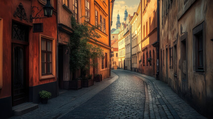 Obraz premium Historical alleyway in the old town of Prague, Czech Republic, with medieval architecture.