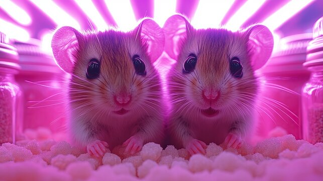Two adorable hamsters in a colorful, illuminated environment at night