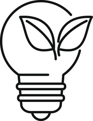 Simple black and white line drawing of a light bulb with leaves growing inside, representing green energy and sustainability
