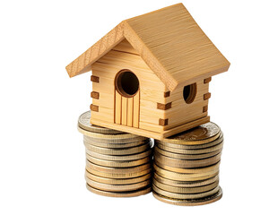 Wooden House Perched on a Stack of Coins, Symbolizing Financial Stability, Isolated on a Transparent PNG Background   