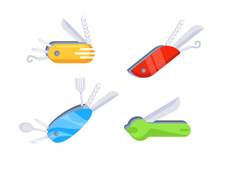 Set of multipurpose pocket knives for camping and hiking.