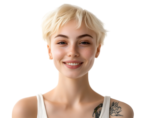 Young Happy Blonde Girl with Short Hair, Beauty Gen Z Model with Healthy Skin and Tattoos, Wearing a White Top, Isolated on a Transparent PNG Background   