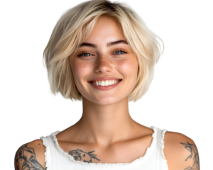 Young Happy Blonde Girl with Short Hair, Beauty Gen Z Model with Healthy Skin and Tattoos, Wearing a White Top, Isolated on a Transparent PNG Background   