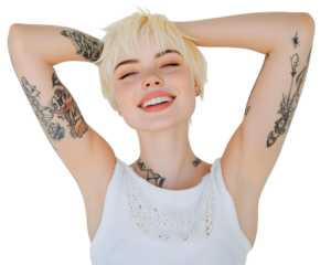 Young Happy Blonde Girl with Short Hair, Beauty Gen Z Model with Healthy Skin and Tattoos, Wearing a White Top, Isolated on a Transparent PNG Background   