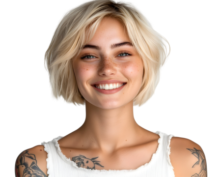 Young Happy Blonde Girl with Short Hair, Beauty Gen Z Model with Healthy Skin and Tattoos, Wearing a White Top, Isolated on a Transparent PNG Background