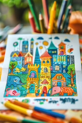 Fototapeta premium Colorful Art of Whimsical Town Featuring Animals and Buildings