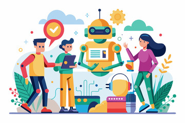 A group of individuals is gathered around a mechanical being