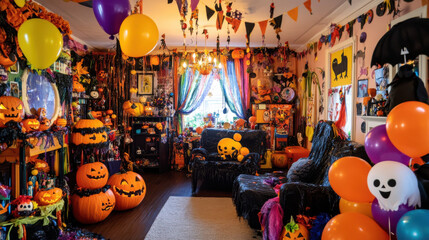 Naklejka premium Lively Halloween decor with festive streamers, colorful balloons, and happy ghost figures,