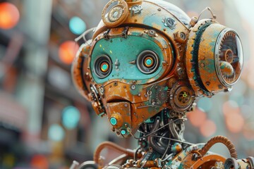 Intricate steampunk robot with gears and glowing eyes exploring a bustling urban alley