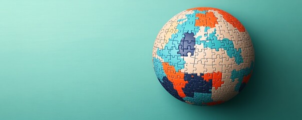 Vibrant puzzle globe on a teal background, symbolizing global connectivity and exploration.