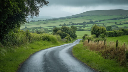 Naklejka premium Lush green road in the heart of the Irish countryside, surrounded by rolling hills.