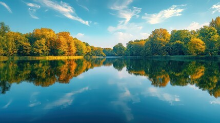  Clear lake reflects trees and sky, offering a tranquil view of nature's vibrant autumn colors and peaceful still water.
