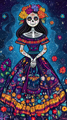 Obraz premium Traditional Costumed Figurine Adorned with Flowers for Day of the Dead 