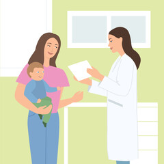 Doctor and patient in the office. The doctor shows the results of the examination to the patient. The pediatrician prescribes treatment for the child.