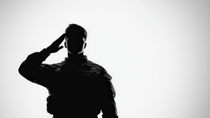  Black and white silhouette of a soldier saluting, symbolizing honor, respect, and military service, against a stark backdrop.