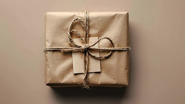 Gift box wrapped in brown paper with twine bow on neutral background. Minimalist present concept