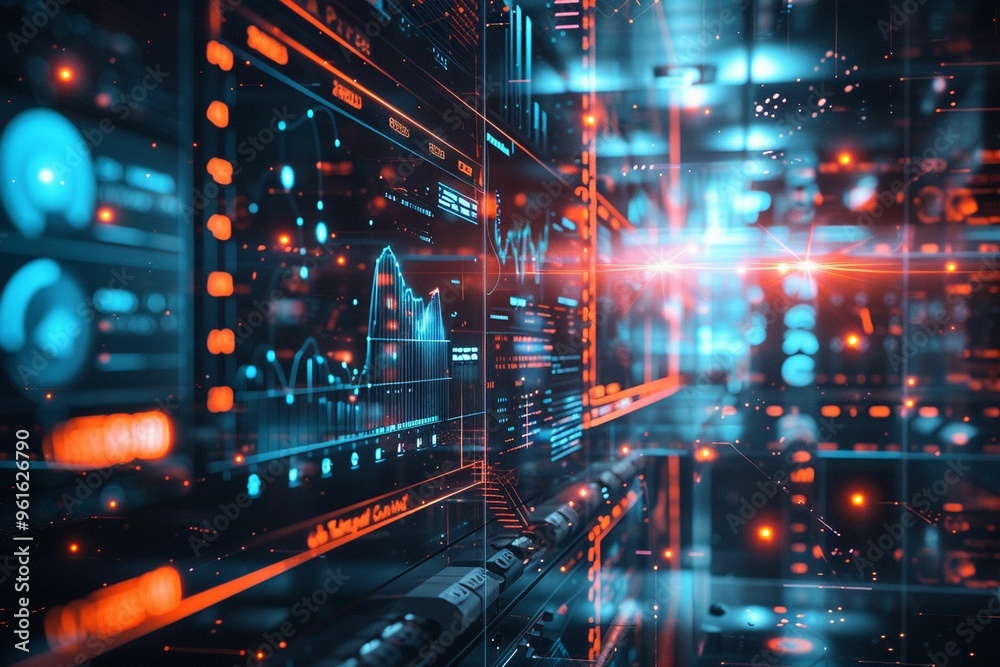 Poster digital data visualization with vibrant graphs and metrics in a high-tech environment
