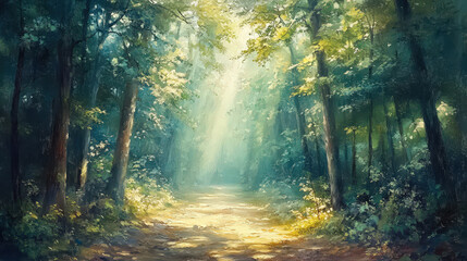 Obraz premium Misty morning sunlight filters through the autumn woods, illuminating the path with golden rays