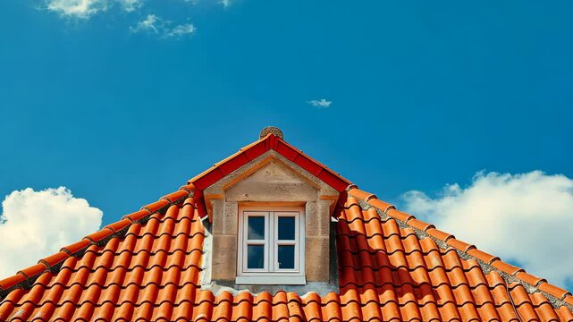 Red tiled roof with dormer window against blue sky. Architecture and housing concept