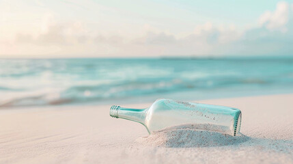 An empty glass bottle lies in the sand on the seashore