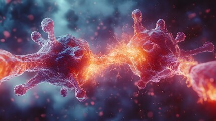 Cell Nucleus Splitting
A detailed view of a cancer cell nucleus as it divides, with chromosomes clearly visible, separating into two new cells. The colors are bright and vivid, contrasting against a n