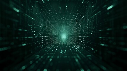 Abstract digital tunnel with glowing particles in a dark green background
