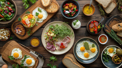 A vibrant spread of various delicious breakfast dishes, including eggs in shades of yellow and...