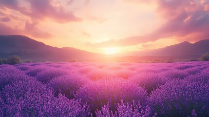  Lavender fields stretch towards horizon under vibrant sunset, evoking peace, natural beauty, and the tranquility of nature in full bloom.