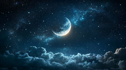 Fototapeta premium Beautiful abstract space background with clouds, stars and moon