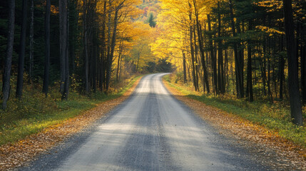 Obraz premium Peaceful tree-lined road in the autumnal forests of Vermont, USA.
