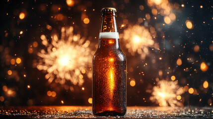 Silhouette of a beer bottle with fireworks exploding in the background