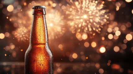 Silhouette of a beer bottle with fireworks exploding in the background, symbolizing the festive spirit of International Beer Day, dynamic and celebratory.