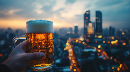Close-up of a hand holding a frothy beer mug with city skyline 