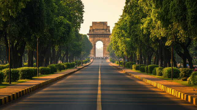 Picturesque boulevard in New Delhi, India, lined with lush green trees and historical
