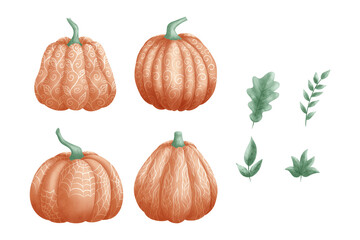 set of pumpkins with ornament and leaves