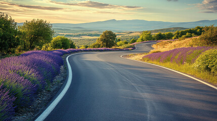 Fototapeta premium Picturesque road winding through the lavender fields of Provence, France.