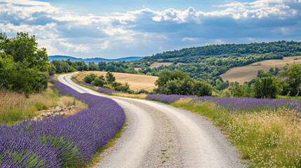 Picturesque road winding through the lavender fields of Provence, France.