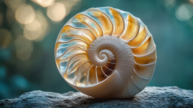  Close-up of nautilus shell with its perfect spiral, capturing the symmetry and beauty of nature&rsquo;s mathematical designs.