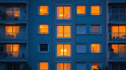  Apartment building with glowing windows at dusk, offering warm glimpses into cozy homes as evening sets.