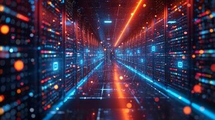 Obraz premium Vibrant data center corridor with illuminated server racks and digital displays at dusk