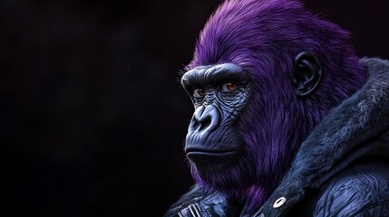 Obraz premium A vibrant purple gorilla in a stylish jacket against a dark background