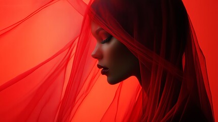 Elegant portrait of a woman with a red veil against a vibrant background