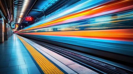  Blurred train speeds through modern station, capturing movement, speed, and the fast pace of urban transportation.