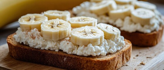 Close up of Sliced Banana and Cottage Cheese on Toast