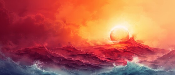 Fototapeta premium A sunset painting over a vast water body with an enormous orange sun at its heart