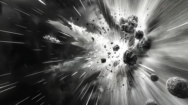 cosmic explosion with asteroids in space, dramatic scene. outer space and cosmic events concept