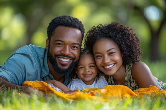 Afro American family father, mother and daughter enjoying picnic at sunny park background Labor Day USA